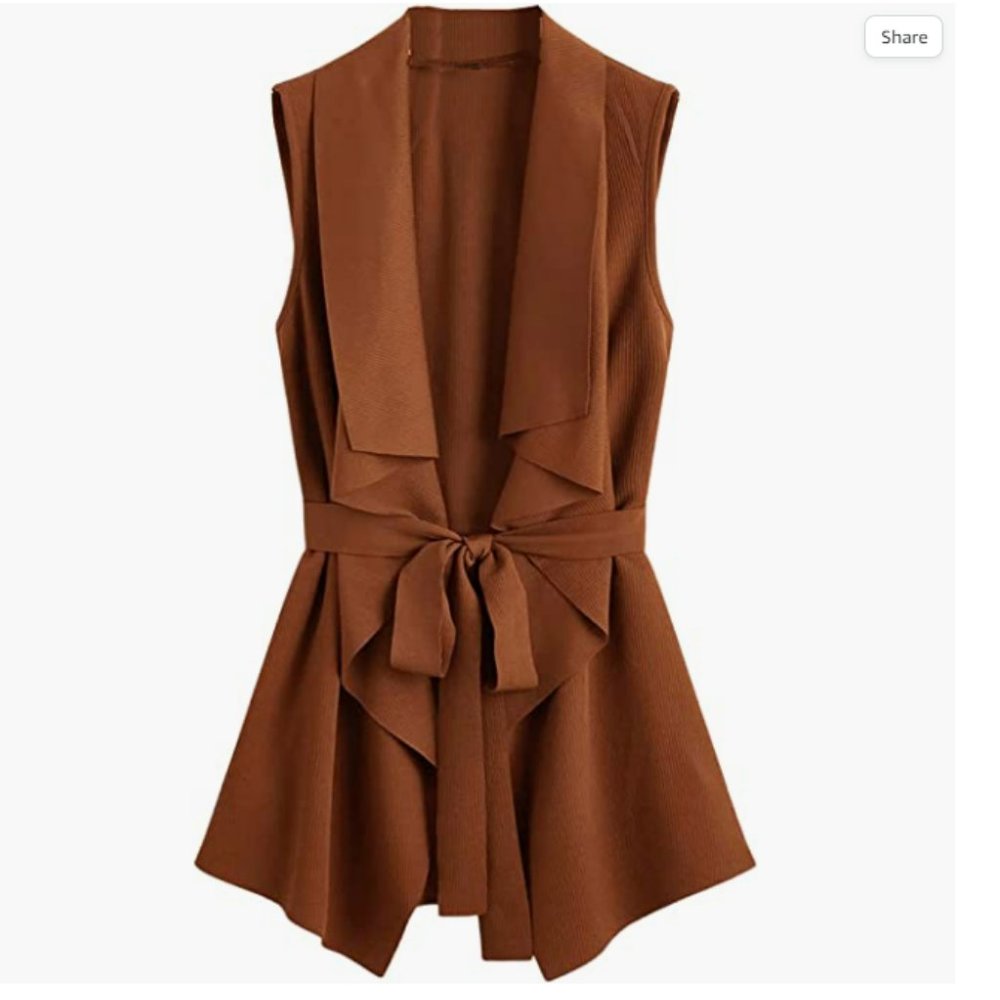 NWT Drapey Waterfall Bow Tie Waist Front Classic Fall Brown Layering Vest Jacket